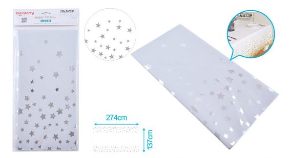 Mantel de plástico estampado estrellas plateadas 137x274cm