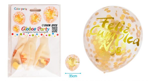 Globos látex "Feliz cumpleaños" con confeti dorado 3pcs
