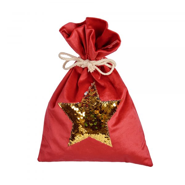 Saco de terciopelo con estrella de lentejuelas roja Navidad