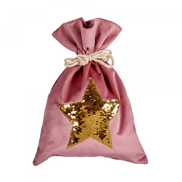 Saco de terciopelo con estrella de lentejuelas rosa Navidad