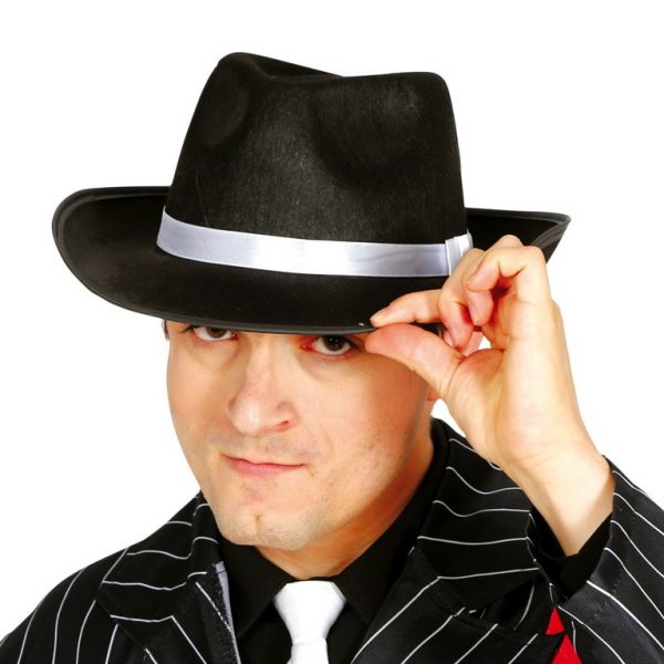 Sombrero gánster negro con cinta blanca