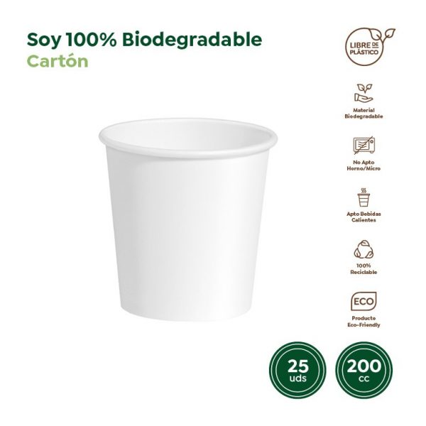 Vaso cartón biodegradable blanco 200cc 25uds