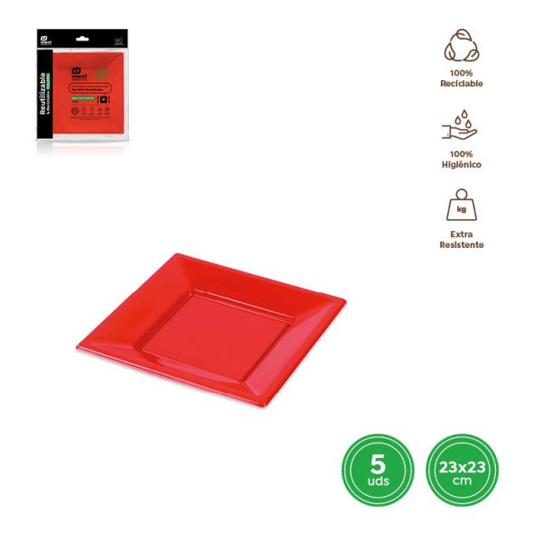 Plato llano cuadrado rojo 23x23cm reutilizable 5uds