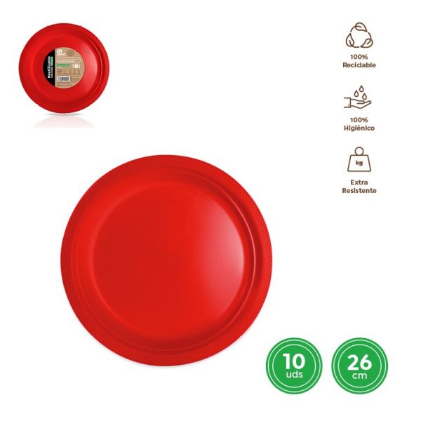 Plato llano redondo rojo 26cm reutilizable 10uds