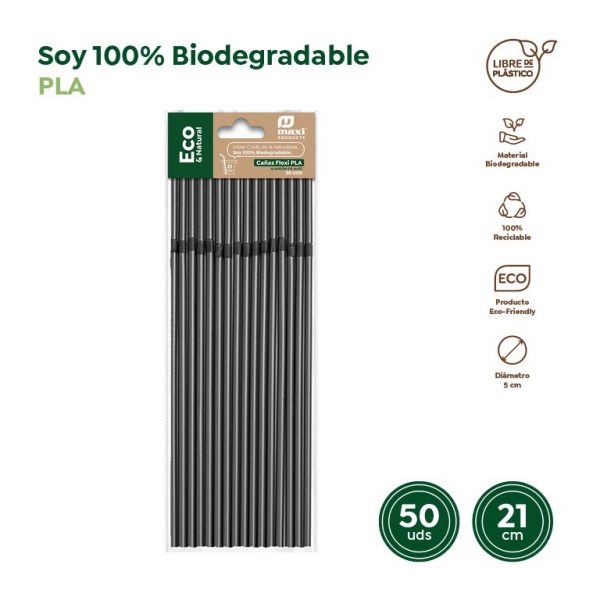 Cañas flexibles biodegradables negras PLA 50uds