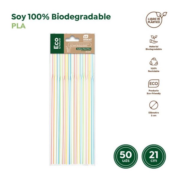 Cañas flexibles biodegradables rayadas PLA 50uds
