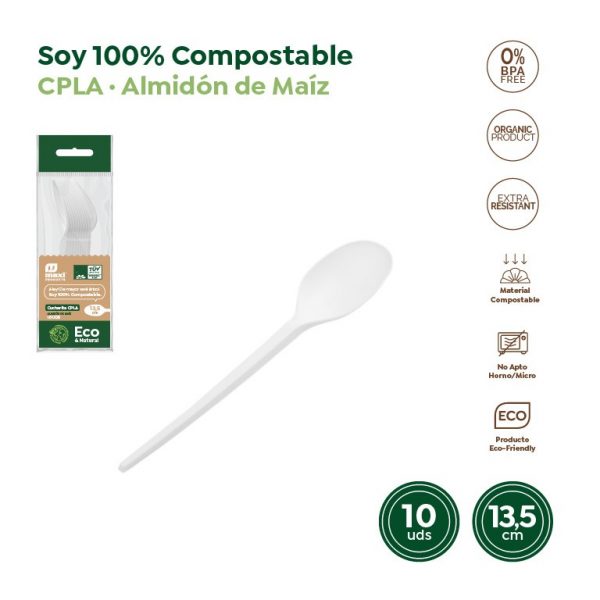 Cucharita postre alta calidad compostable 13.5cm 10uds