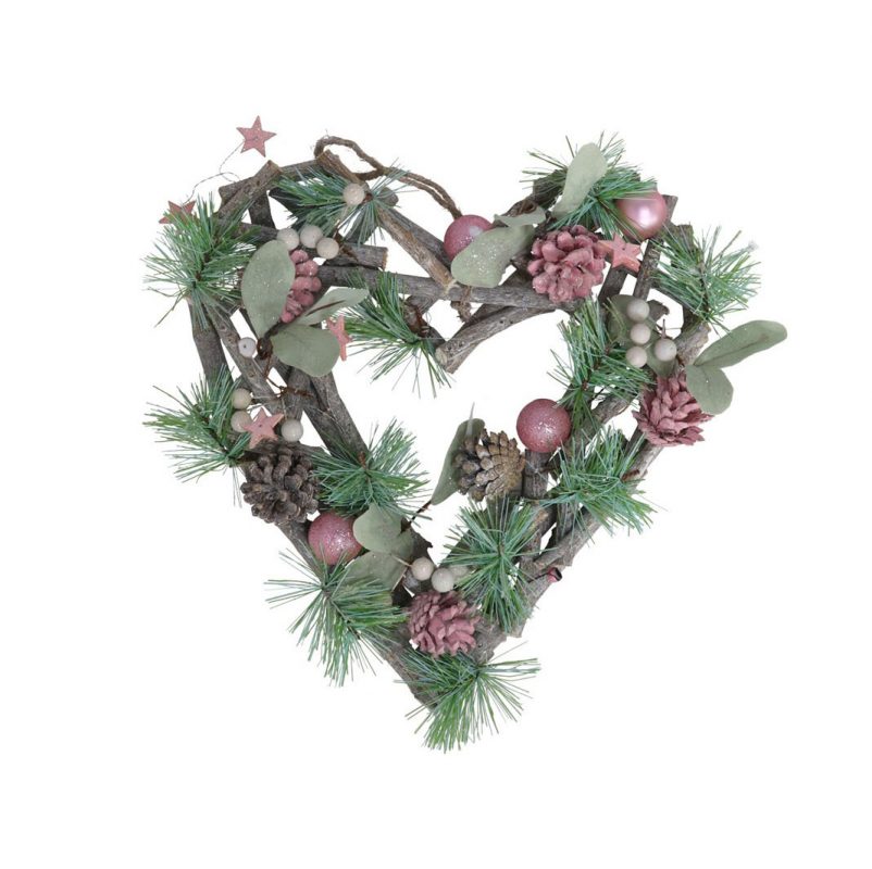 Corona corazón colgante bolas rosa 30x32x7cm Navidad de Hipervallès